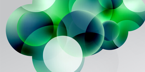 Abstract bubbles overlap, creating vibrant green, blue hues. Soft gradients suggest depth, light interplay. Minimalist design, modern aesthetic. © antishock