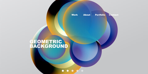 Naklejka premium Abstract design features colorful overlapping circles. Text includes geometric background, navigation options work, about, portfolio, contact.