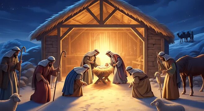 Dramatic nativity scene with vibrant golden lighting featuring figures animals and a glowing star in a serene peaceful context