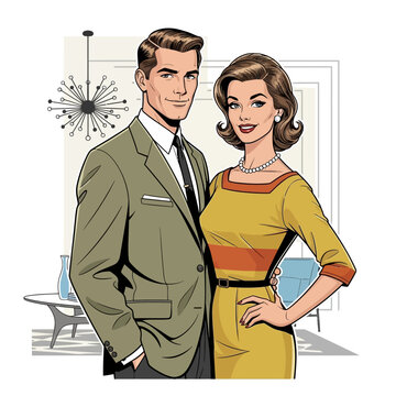 Retro Couple Posing in Stylish Mid-Century Modern Living Room Illustration