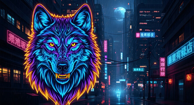 Artistic neon wolf head with intricate glowing patterns and bared teeth set against a rainy cyberpunk city street