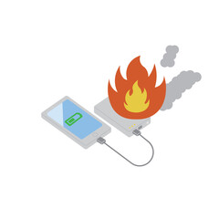 フラットデザインのイラスト   充電中に異常発火して炎と煙を上げるモバイルバッテリーとスマートフォンの事故シーン © いらもり
