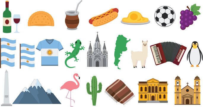 Vector illustration set of Argentina tourism icons including national flag football mate tea and traditional cultural symbols
