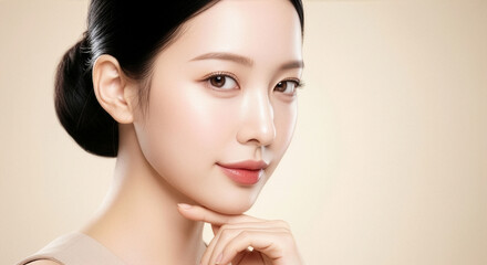 上品なベージュグラデーション背景に映える透明感あふれる素肌の若い女性ビューティーポートレート、横顔アングルで魅せるナチュラルメイクの高級美容広告イメージ