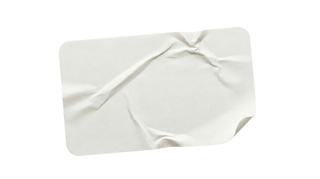 Blank white rectangular crumpled paper sticker with rounded corners, isolated on a transparent background, showcasing realistic wrinkles and a slight curl at the bottom right.
