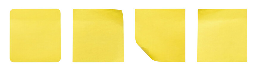 Set of 4 blank yellow sticky notes with subtle shadows and curled corners, isolated on a clean white background, ready for custom text or reminders.