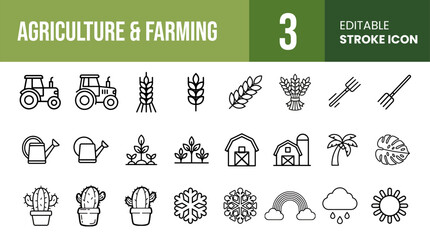 Agriculture, Farming and Nature Editable Stroke Line Vector Icon Set Featuring Tractor, Wheat Harvest, Barn, Weather and Eco Friendly Botanical Garden Plants © pxcraftt