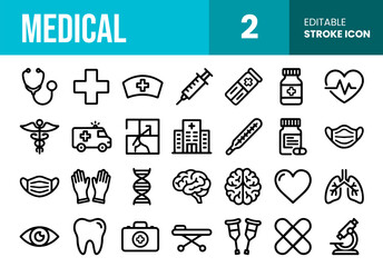 Healthcare, Hospital and Medical Science Editable Stroke Line Vector Icon Set Including Stethoscope, DNA, Microscope, Syringe and Organs for Clinic Web Design © pxcraftt
