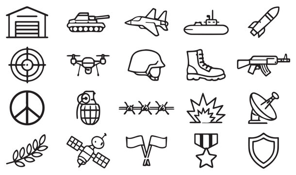 Military defense equipment and army warfare line icon set vector design