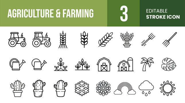 Agriculture, Farming and Nature Editable Stroke Line Vector Icon Set Featuring Tractor, Wheat Harvest, Barn, Weather and Eco Friendly Botanical Garden Plants