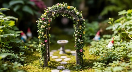 Whimsical garden arch adorned with tiny flowers and hidden gnome figures