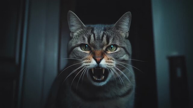 Angry tabby cat snarling hissing aggressively close up dark mood
