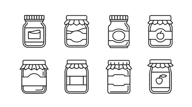 Set of eight jam jars with decorative lids and fruit icons line art illustration isolated on white