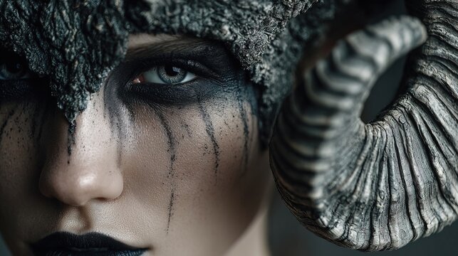 Dramatic Close Up Woman with Horns and Dark Makeup Portrait