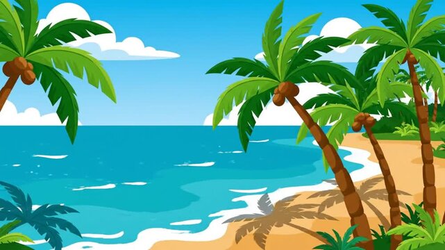 Scenic animated beach landscape with palm trees, ocean waves, and blue sky on a sunny summer day