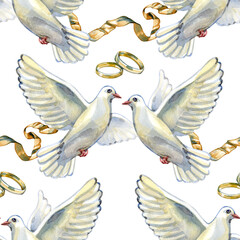 Beautiful watercolor seamless pattern with white doves, golden wedding rings, and silk ribbons. A romantic hand-painted design symbolizing love and peace, perfect for bridal stationery and textiles.