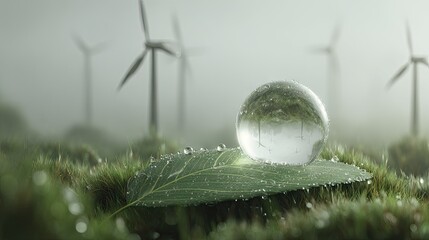 Pristine water droplet rests upon a leaf surrounded by renewable energy generators in misty weather