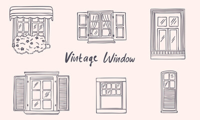 Naklejka premium vintage windows hand drawn line art sketch collection set