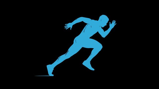 Blue Silhouette of a Man Running Fast, Athletic Sprinting Motion, Dynamic Action on Black Background, Sports Concept