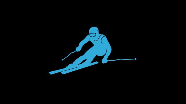 Vibrant Blue Skier Silhouette in Dynamic Downhill Action, Illustrating Speed and Winter Sports