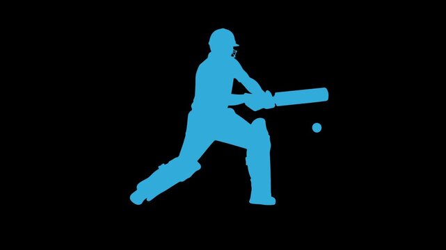 Blue Silhouette of a Dynamic Cricket Batsman Hitting Ball, Isolated on Dark Background for Sports Design