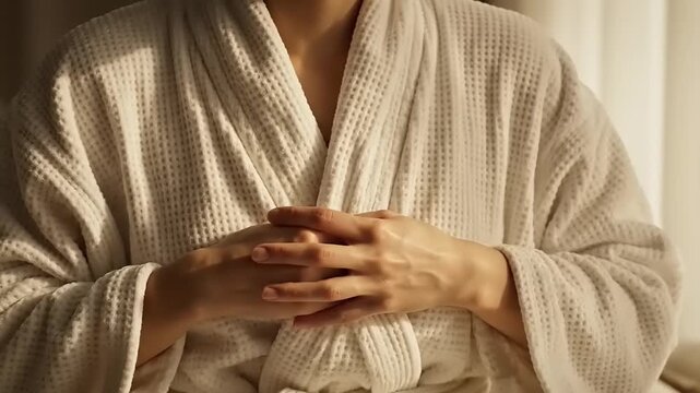 Woman in Robe Practicing Meditation and Relaxation.