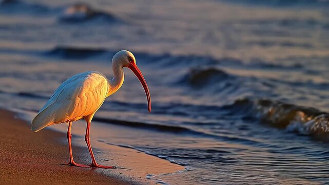 White ibis on beach at sunset
