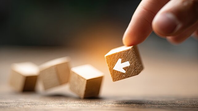 Human finger precisely places wooden block marked with a leftward arrow among other scattered blocks