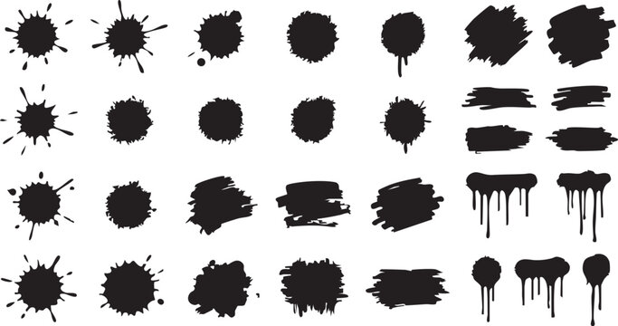 Ink splats and paint brush strokes collection in black silhouette on checkered background