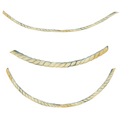 Hand-drawn watercolor set featuring three curved segments of natural hemp rope. These realistic textures showcase twisted fibers and organic tan tones, perfect for nautical, rustic, or DIY craft