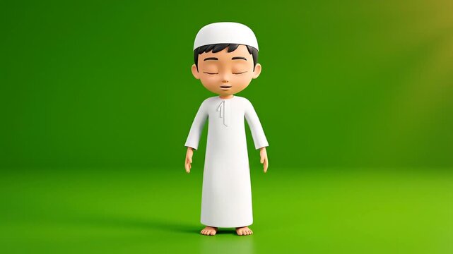 Cute 3D Muslim boy in white thobe and taqiyah on vibrant green background, softly illuminated.