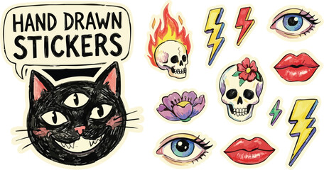 Collection of hand drawn stickers featuring three-eyed cat, flaming skull, lightning bolts, eyes, lips, and flowers