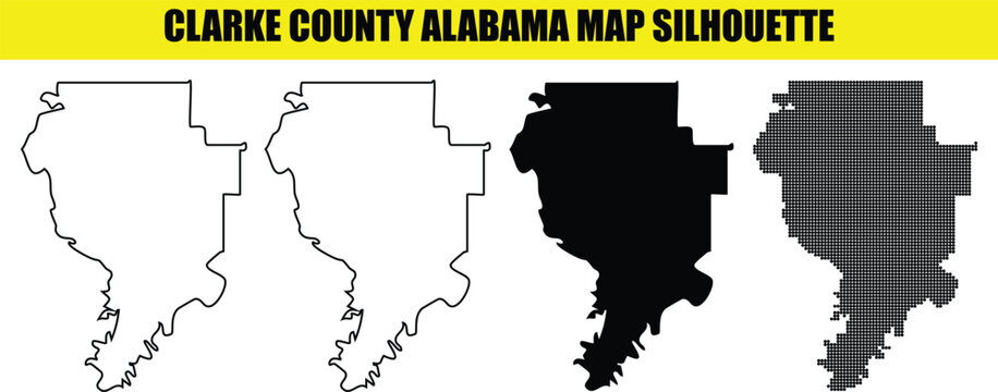 Clarke county Alabama map silhouette vector illustrations collection featuring outline solid black and dotted pattern styles