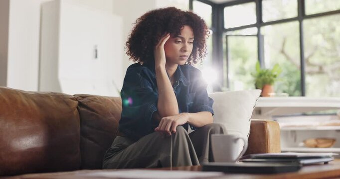 Home, thinking and woman on sofa, stress and regret for mistake, anxiety and remember. Apartment, morning and person on couch, contemplation and memory for trauma crisis, frustrated and reflection