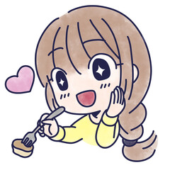 ケーキを食べて喜ぶ女性のイラスト