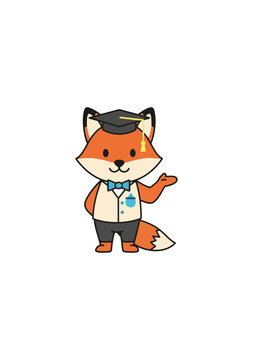 Cartoon fox in academic attire presenting