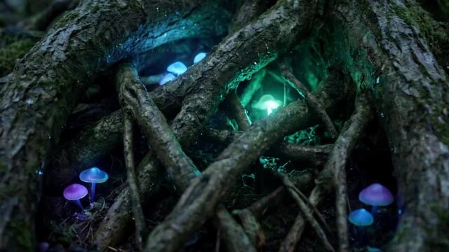 A close-up of intricately tangled roots with richly textured bark, glistening with dew. Ethereal blue and green electric light illuminates the scene, casting soft shadows that dance gracefully across 