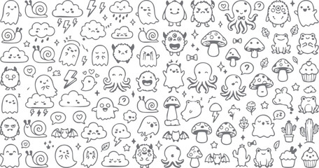 Cute doodle characters collection with ghosts mushrooms monsters and snails for halloween © TosherAsh
