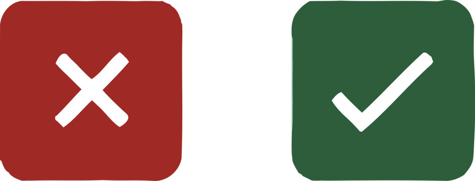 Simple graphic representation of a large red cross mark indicating failure or denial beside a vibrant green checkmark signifying success or agreement choice selection