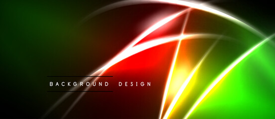 Naklejka premium Bright neon lines create abstract design. Vivid colors blend, forming dynamic composition. Dark background emphasizes glowing elements.