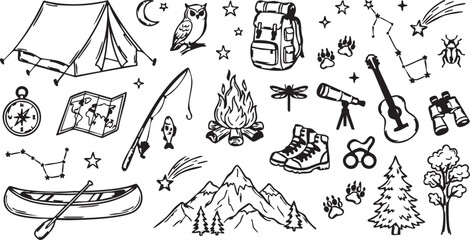 Wilderness adventure and night camping doodles with celestial elements and hiking gear © TosherAsh