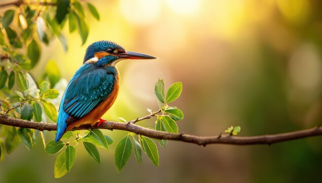Colorful common kingfisher bird perched on a leafy branch with a soft blurred background