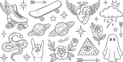 Retro and vintage elements like roller skates, planets, snake, and roses © TosherAsh