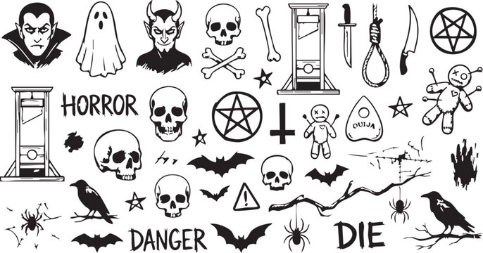 Horror elements with skulls, ghosts, vampires, and voodoo dolls, spooky collection