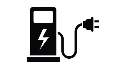 Simple black and white icon illustrating an electric vehicle charging station pump with a lightning bolt symbol and an attached power plug ready for use.