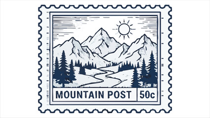 Obraz premium Vintage postage stamp with mountain landscape, pine trees, river, sun, and 50c value, retro nature art