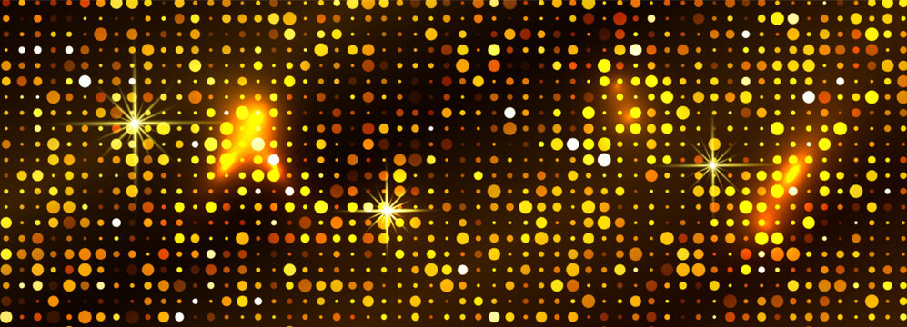 Gold disco mosaic with star flares. Sequin dots in yellow, orange, brown shades. Shimmering halftone grid on dark backdrop. Party poster, nightclub flyer, dance event. Vector texture.