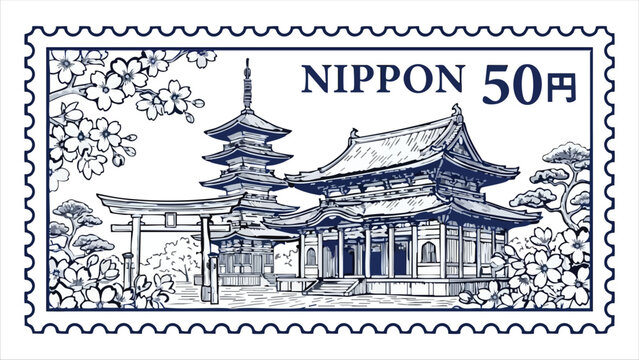 Japanese postage stamp design with nippon text pagoda temple and cherry blossoms in blue ink style