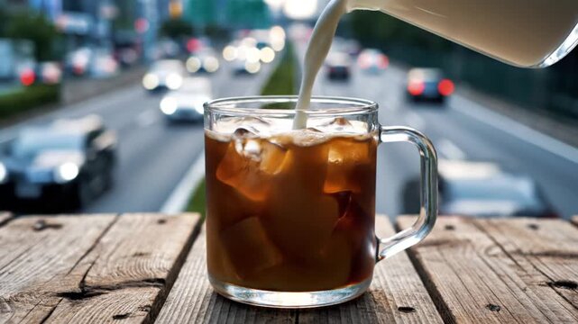 Milk being poured into a glass of iced coffee set on a wooden surface with a blurred street with cars in the background