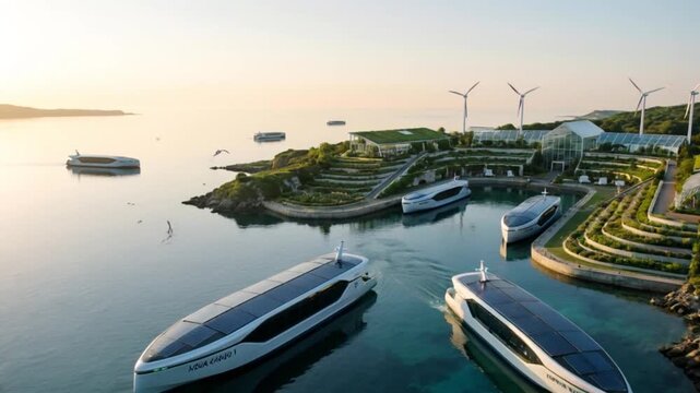 A sweeping aerial view reveals a fleet of autonomous electric cargo ships gracefully navigating into a futuristic eco harbor